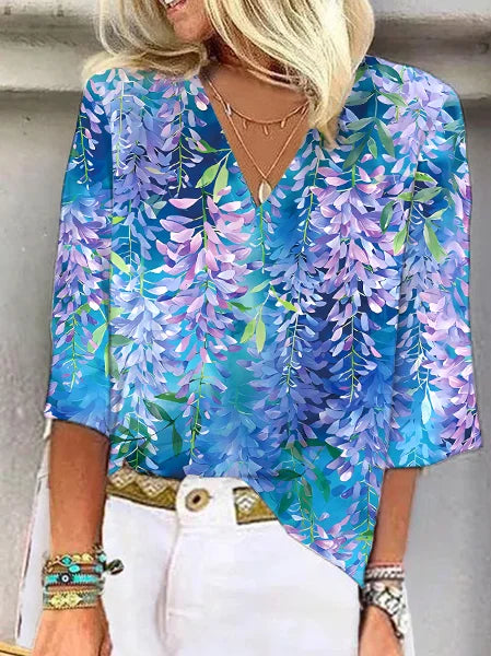 Diana - Women's 3/4 Sleeve V-Neck Abstract Floral Colorful Summer Blouse