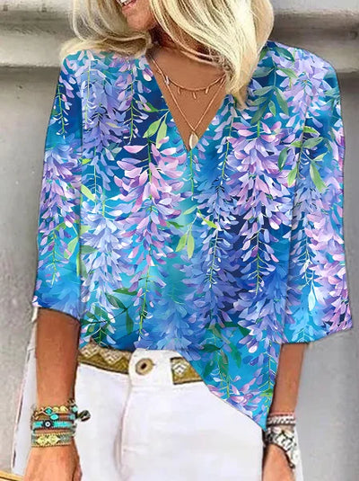 Diana - Women's 3/4 Sleeve V-Neck Abstract Floral Colorful Summer Blouse