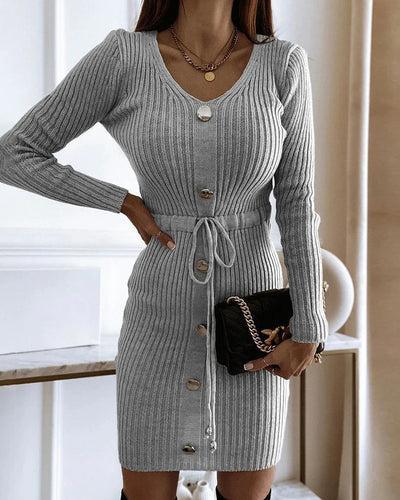 Sweater Dress with V-Neckline, Long Sleeves, Button Details and Adjustable Waist
