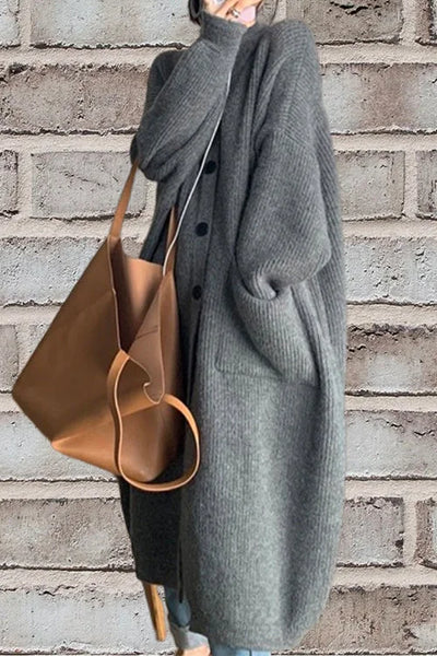Women's Long Button-Down Cardigan with Collar and Pockets - Layered Sweater