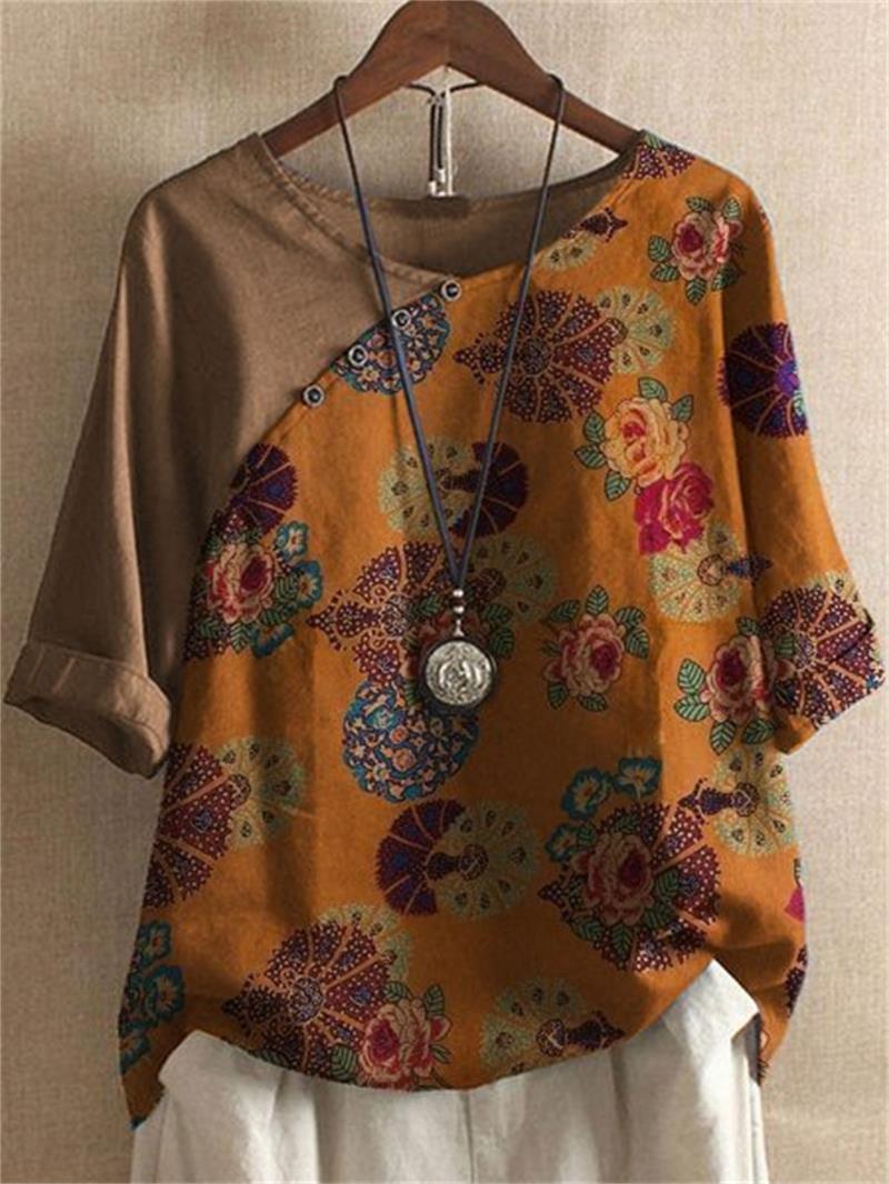 Linda - Women's Short-Sleeved Button-Down Shirt with Floral Motif