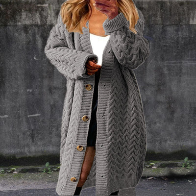 Loose-fitting, mid-length button-down cardigan