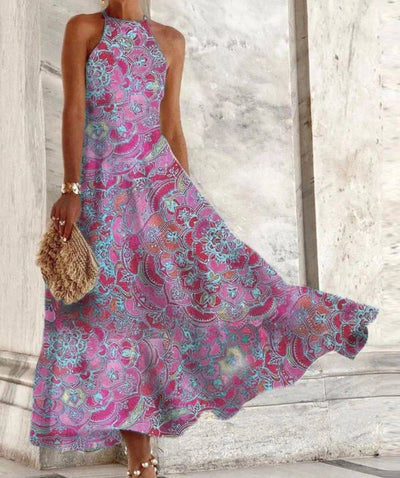 Miriam - Women's Dresses Sleeveless halterneck dress with vintage print