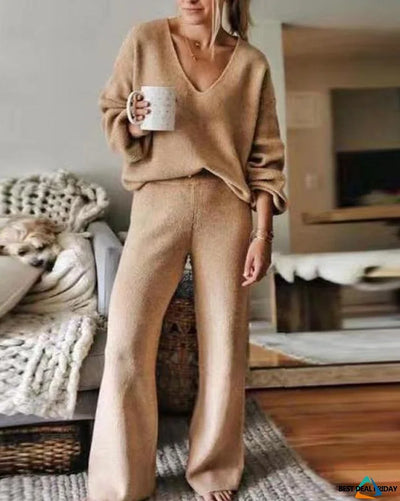 Women's Casual V-Neck Sweater Set - Comfortable and Elegant Style