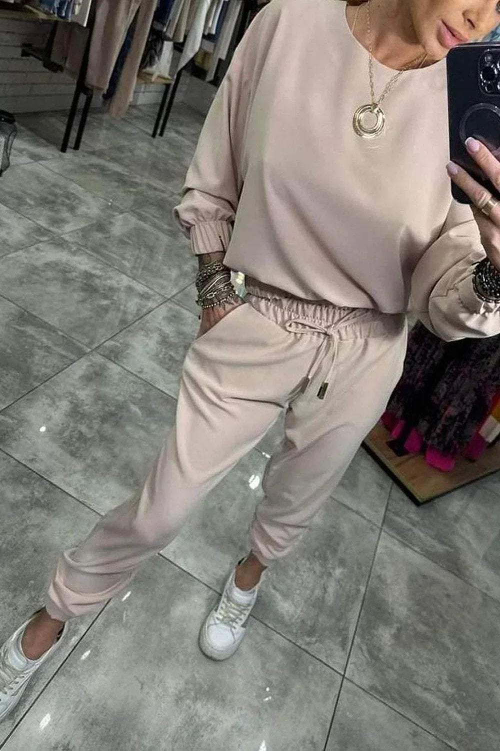 Women's Two-Piece Set - Solid Color Shirt and Pants