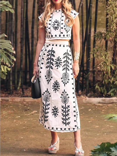 Lola - Ethnic print crop top and midi wrap skirt with bow set