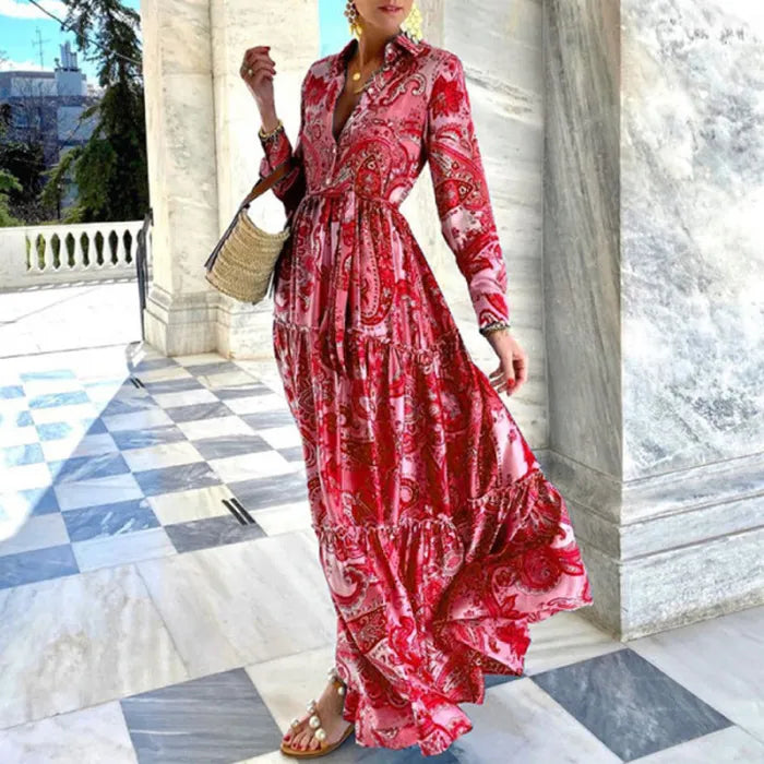 Laura - Pleated Maxi Party Dress with Long Lapel and Bohemian Floral Print