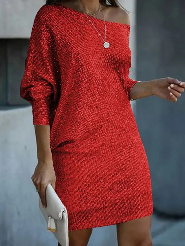 Asymmetrical one-shoulder mini dress with sequin details and loose A-line cut