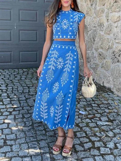 Lola - Ethnic print crop top and midi wrap skirt with bow set