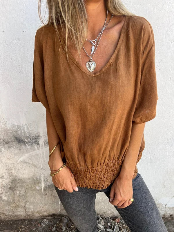 Jessica - Cotton and linen V-neck top with gathered hem