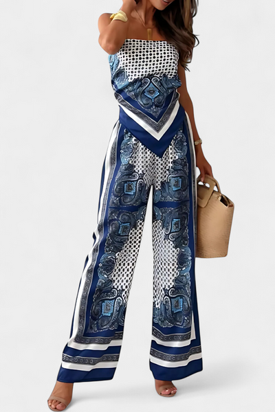 Modern printed set with thin strap top and wide-legged trousers
