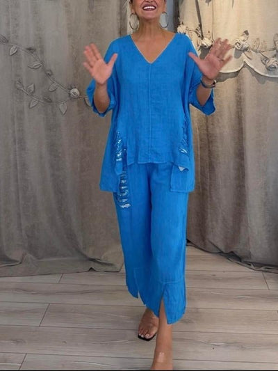 Women's summer two-piece set with a loose V-neck blouse and loose pants