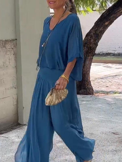 Marta - Elegant two-piece set with wide chiffon pants