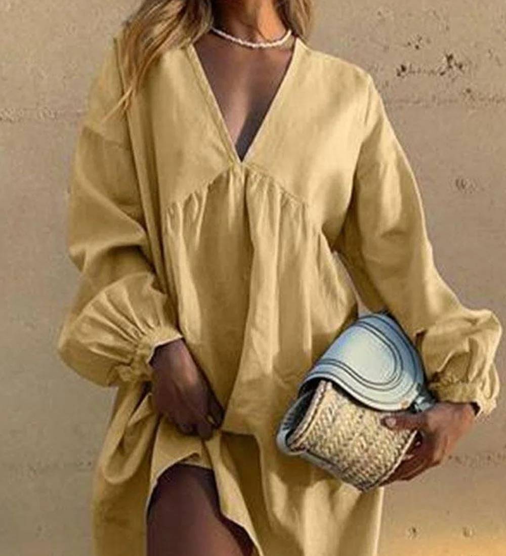 Virginia - Casual V-neck dress with pleated lantern sleeves