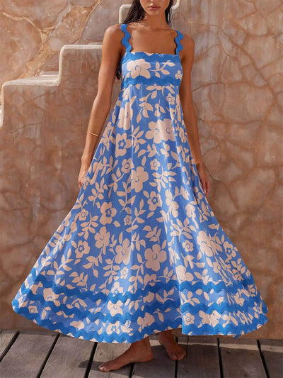 Mila - Long dress with straps and a printed square neckline