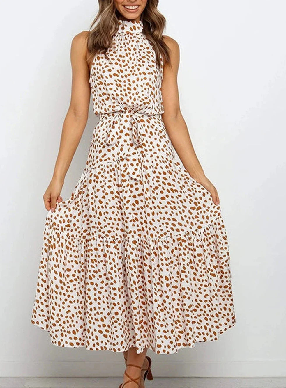Evelyn - Long printed dress with bow at the waist