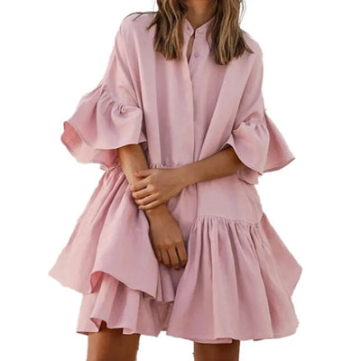 Erola - Casual monochrome dresses with V-neckline and pastel skirt