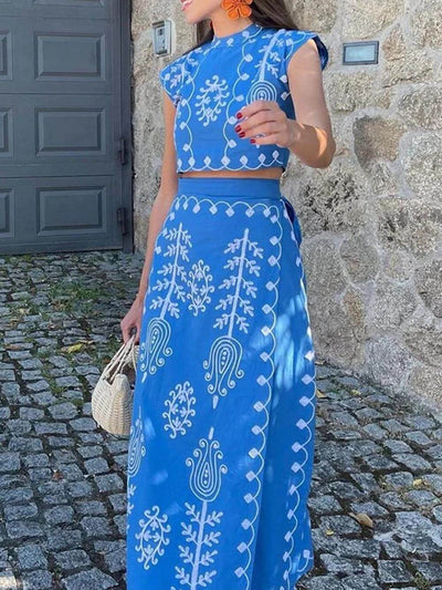 Lola - Ethnic print crop top and midi wrap skirt with bow set