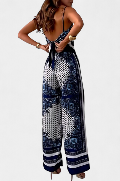 Modern printed set with thin strap top and wide-legged trousers