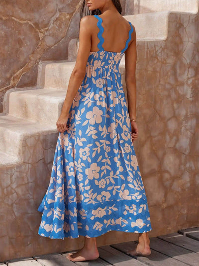 Mila - Long dress with straps and a printed square neckline