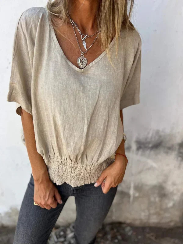 Jessica - Cotton and linen V-neck top with gathered hem