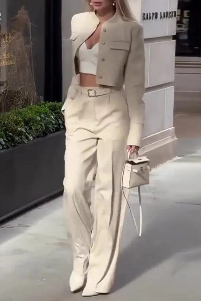 Casual Button-Down Blazer Set with Round Neck and Long Sleeves, and High-Waisted Flared Pants