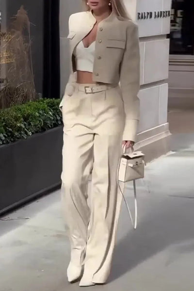 Casual Button-Down Blazer Set with Round Neck and Long Sleeves, and High-Waisted Flared Pants