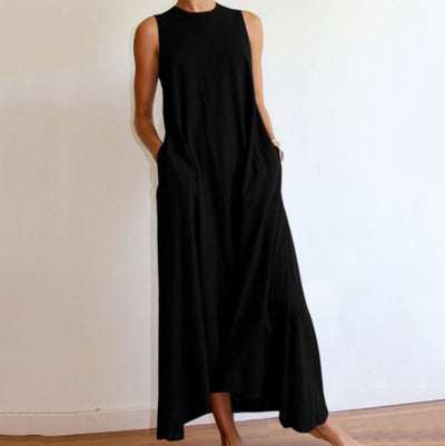 Delia - Simple round neck sleeveless long dress