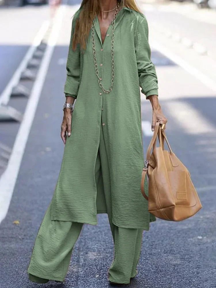 Janna - Women's Casual Solid Color Shirt and Long Pants Set