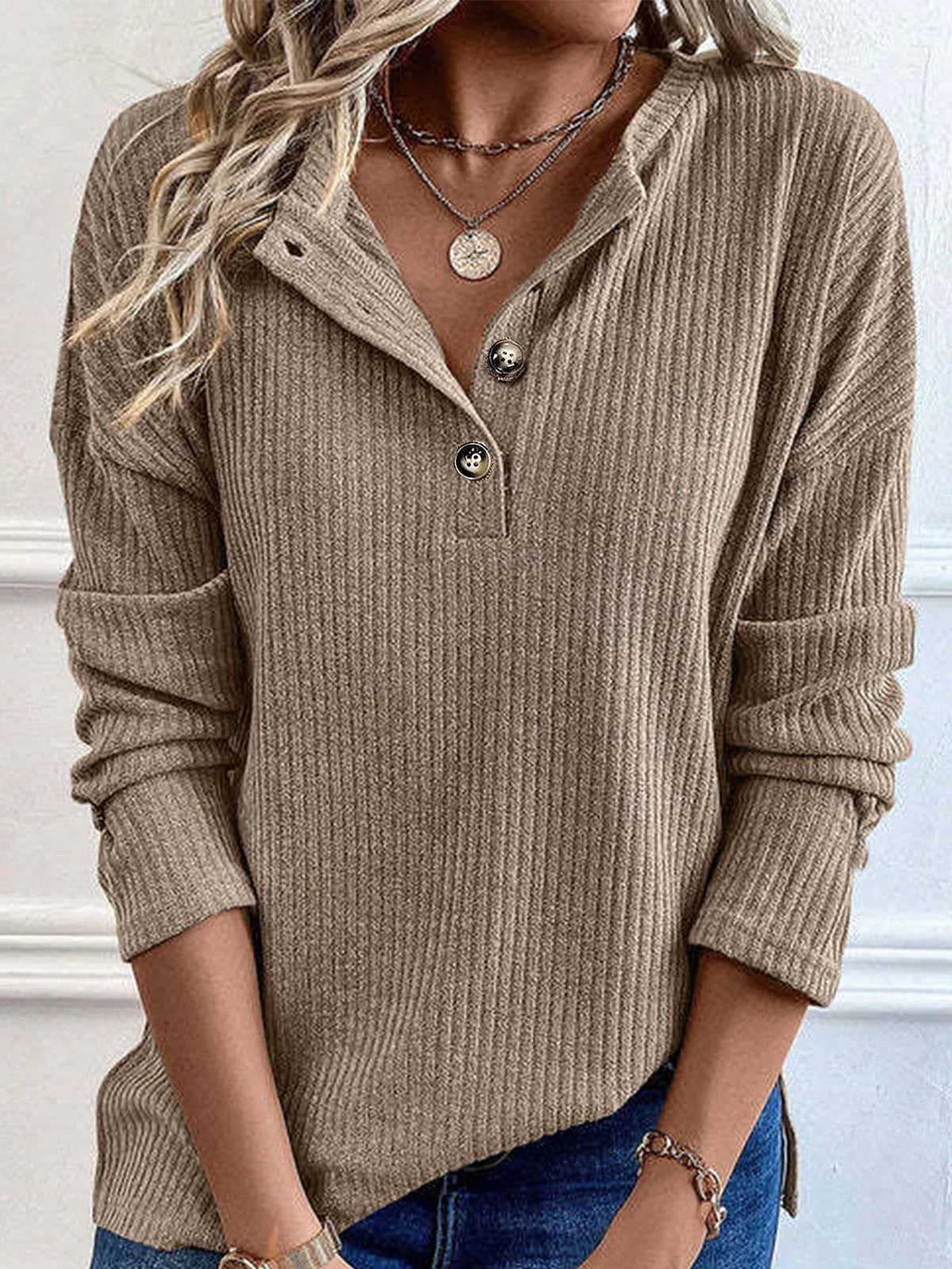 Women's V-Neck Long Sleeve Button Down Blouse, Solid Color, Micro-Stretch Fabric, Loose Fit