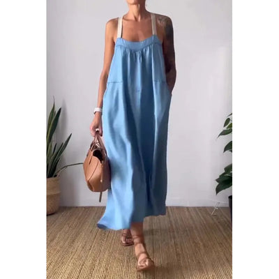 Charlotte - Long chambray dress with pockets and contrast straps in Beau Blue