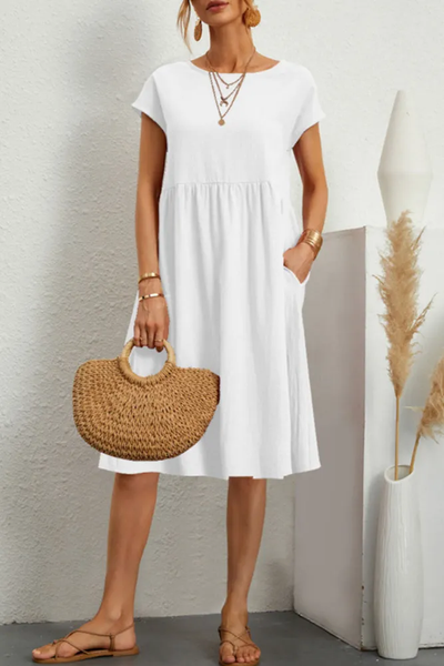 Melanie - Casual Solid Patchwork Dress with O-Neck and Short A-Line Sleeves
