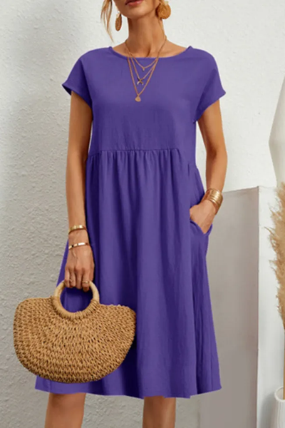 Melanie - Casual Solid Patchwork Dress with O-Neck and Short A-Line Sleeves