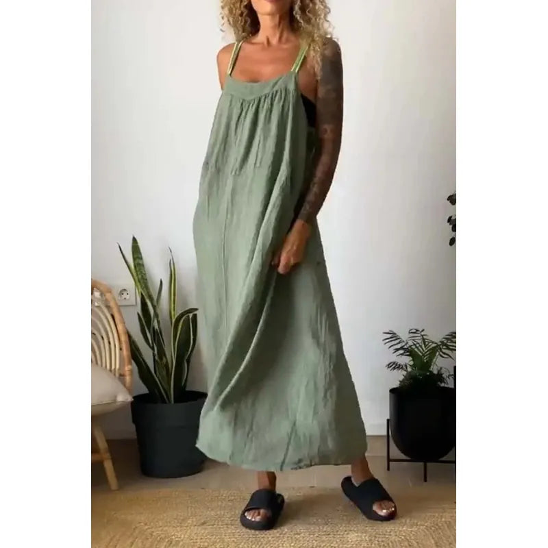 Charlotte - Long chambray dress with pockets and contrast straps in Beau Blue