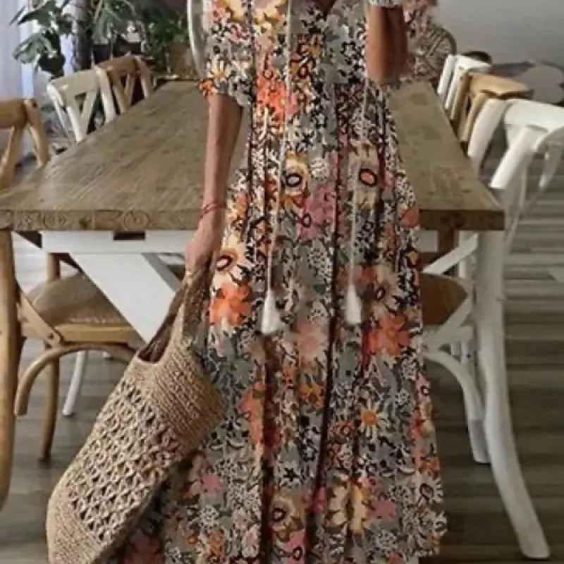 Delia - Women's Dresses Long V-neck Half Sleeve Dress with Beard Print