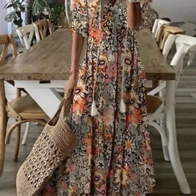 Delia - Women's Dresses Long V-neck Half Sleeve Dress with Beard Print