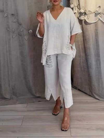 Women's summer two-piece set with a loose V-neck blouse and loose pants