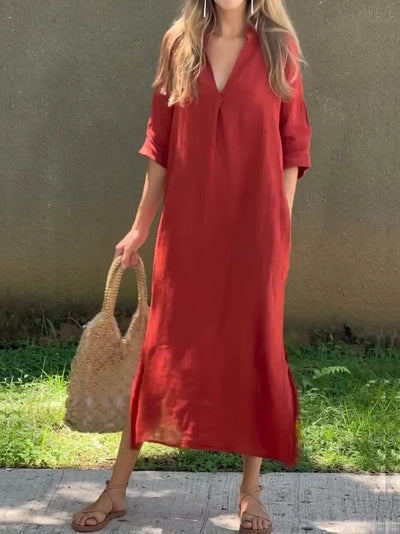 Vicky - Women's Solid Color V-Neck Pocket Linen Dress