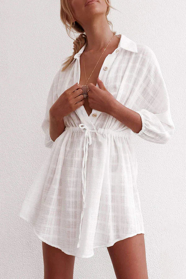 Linda - beach dress with lapel, single breasted, and drawstring