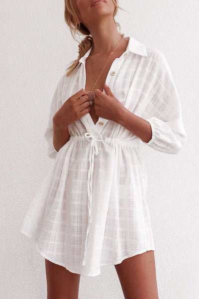 Linda - beach dress with lapel, single breasted, and drawstring