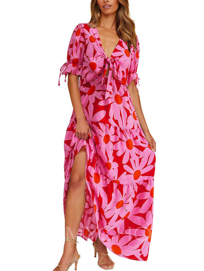 Karol - Casual Floral Print Beach Dress with Short Sleeves and V-Neck with Slit