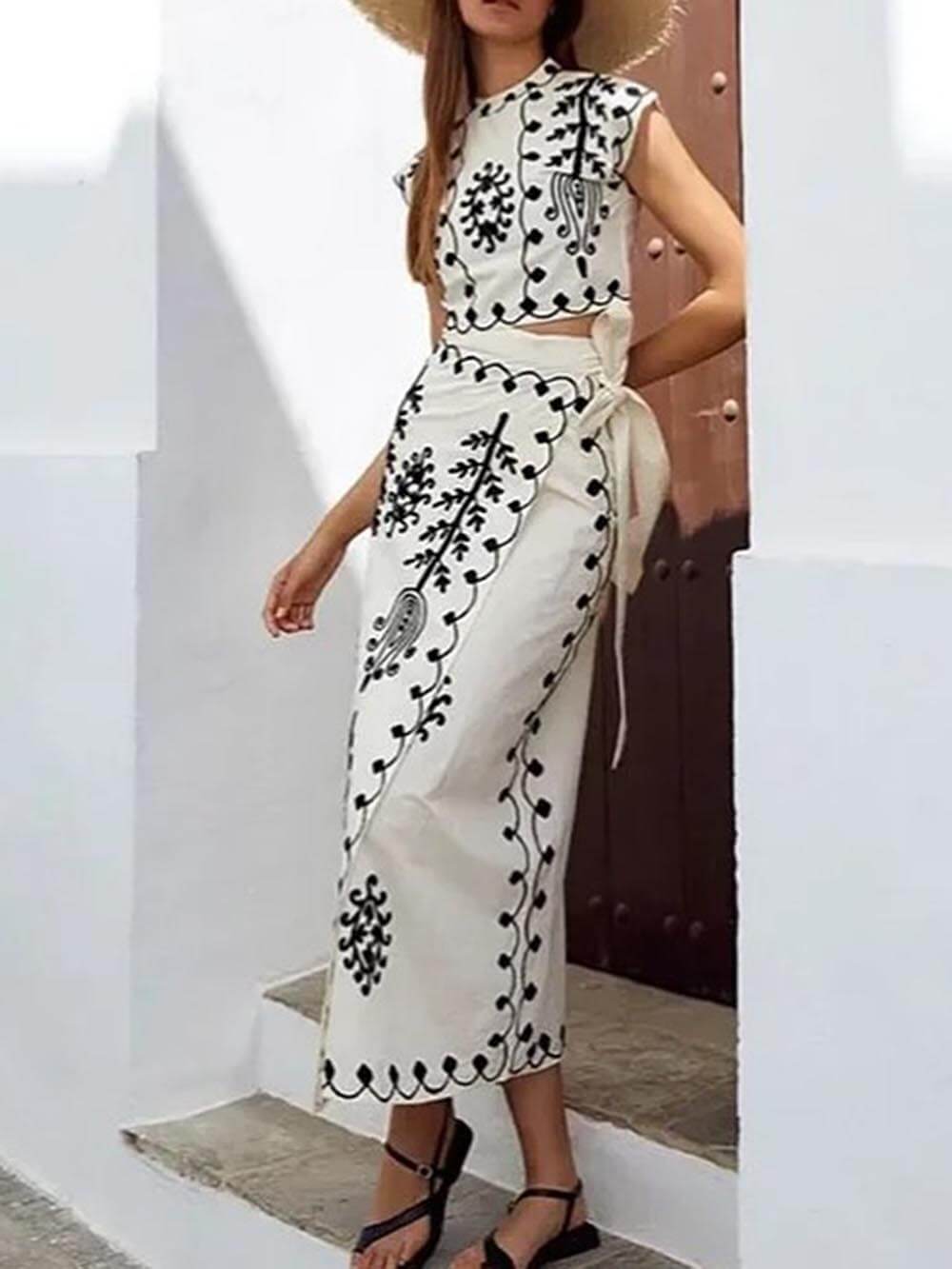 Lola - Ethnic print crop top and midi wrap skirt with bow set