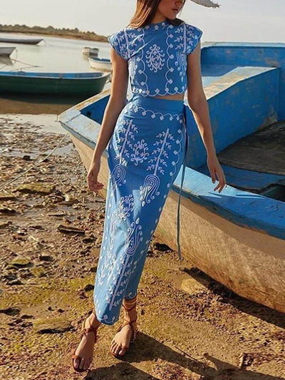 Lola - Ethnic print crop top and midi wrap skirt with bow set
