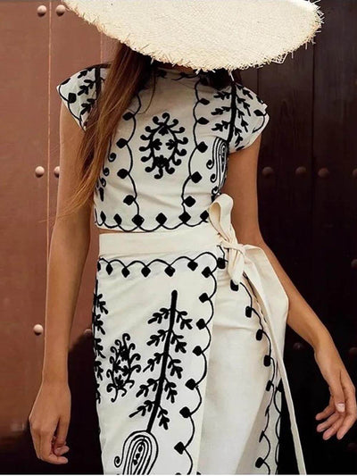 Lola - Ethnic print crop top and midi wrap skirt with bow set