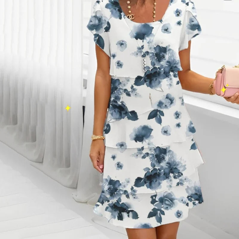 Short-sleeved layered floral print midi dress for summer