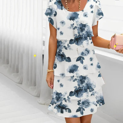 Short-sleeved layered floral print midi dress for summer
