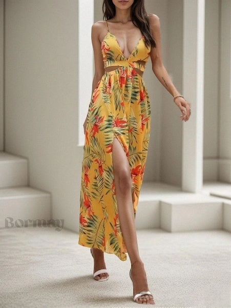 Emely - Printed dress with open back and butterfly knot detail and slit at neckline