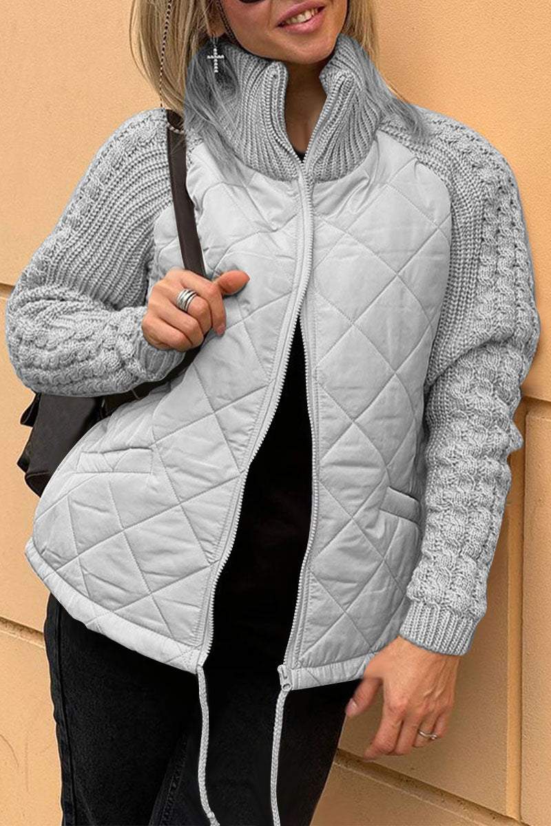 Women's casual solid color zipper jacket with contrast patchwork