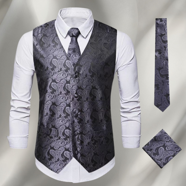 Elegant classic style men's vest, tie and handkerchief set