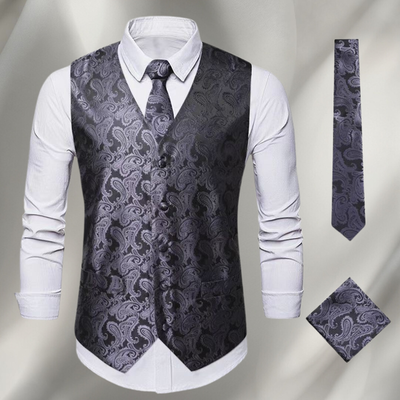 Elegant classic style men's vest, tie and handkerchief set
